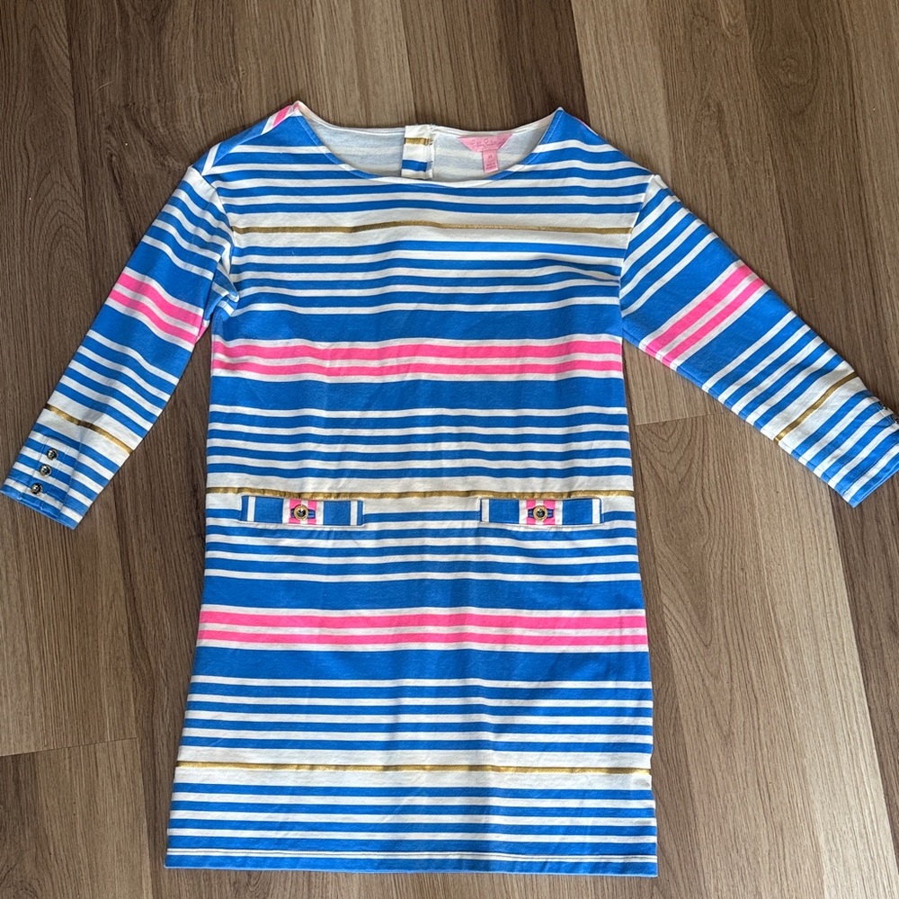 Lilly Pulitzer Blue and White Striped Dress with Gold Accent